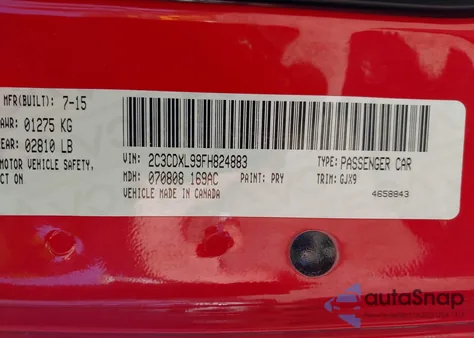 2015 Dodge Charger Srt Hellcat z USA, uszkodzony, nr VIN 2C3CDXL99FH824883